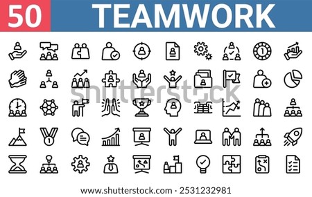 50 set of outline web teamwork icons such as chat, team, clap, clock, goal, stick man, hourglass vector thin icons for report, presentation, diagram, web design, mobile app