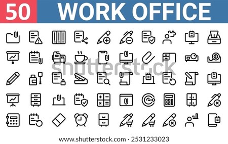 50 set of outline web work office icons such as paper, folders, graph, pencil, graphs, browser, safe box vector thin icons for report, presentation, diagram, web design, mobile app