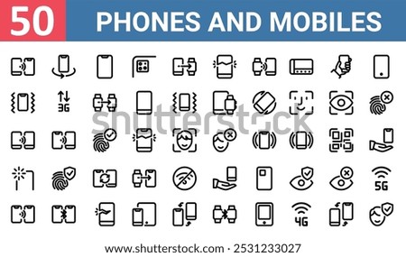 50 set of outline web phones and mobiles icons such as keyboard, rotate, back camera, connect, back camera, smartphone, connectivity vector thin icons for report, presentation, diagram, web design,