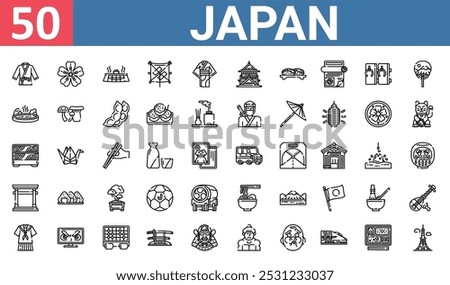 50 set of outline web japan icons such as sakura, kotatsu, onsen, lunch box, torii gate, ramen, uniform vector thin icons for report, presentation, diagram, web design, mobile app