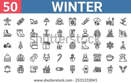 50 set of outline web winter icons such as candy, sled, ice skating, snowmobile, hat, snowman, bell vector thin icons for report, presentation, diagram, web design, mobile app