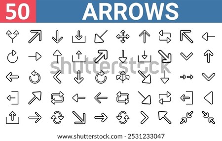 50 set of outline web arrows icons such as diagonal arrow, arrow, reload, arrow, exit, reload, upload vector thin icons for report, presentation, diagram, web design, mobile app