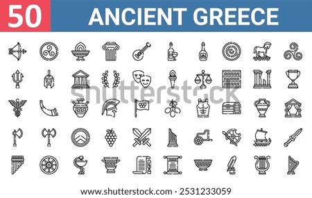 50 set of outline web ancient greece icons such as triskele, pyre, trident, caduceus, axe, column, pan flute vector thin icons for report, presentation, diagram, web design, mobile app