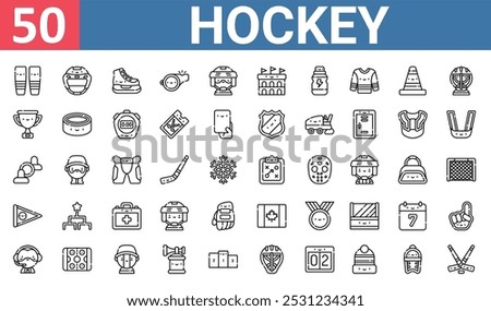 50 set of outline web hockey icons such as hockey helmet, ice skates, trophy, air hockey, pennant, canada, sports announcer vector thin icons for report, presentation, diagram, web design, mobile