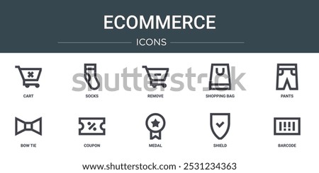 set of 10 outline web ecommerce icons such as cart, socks, remove, shopping bag, pants, bow tie, coupon vector icons for report, presentation, diagram, web design, mobile app