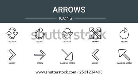 set of 10 outline web arrows icons such as refresh, reload, refresh, expand, reload, arrow, arrow vector icons for report, presentation, diagram, web design, mobile app