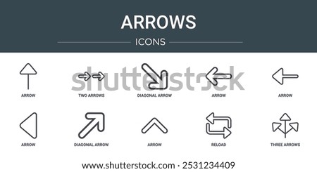 set of 10 outline web arrows icons such as arrow, two arrows, diagonal arrow, arrow, diagonal vector icons for report, presentation, diagram, web design, mobile app