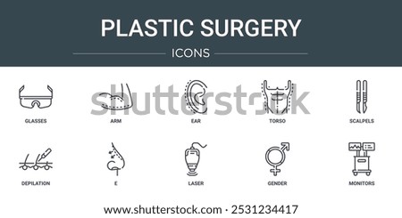 set of 10 outline web plastic surgery icons such as glasses, arm, ear, torso, scalpels, depilation, e vector icons for report, presentation, diagram, web design, mobile app