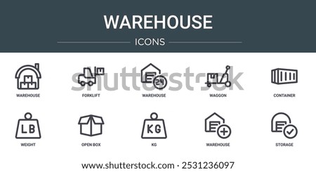 set of 10 outline web warehouse icons such as warehouse, forklift, warehouse, waggon, container, weight, open box vector icons for report, presentation, diagram, web design, mobile app