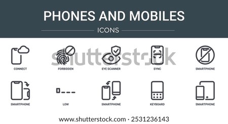 set of 10 outline web phones and mobiles icons such as connect, forbidden, eye scanner, sync, smartphone, smartphone, low vector icons for report, presentation, diagram, web design, mobile app