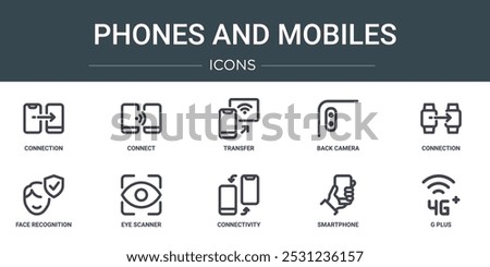 set of 10 outline web phones and mobiles icons such as connection, connect, transfer, back camera, connection, face recognition, eye scanner vector icons for report, presentation, diagram, web