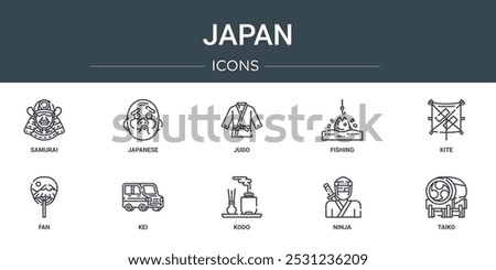 set of 10 outline web japan icons such as samurai, japanese, judo, fishing, kite, fan, kei vector icons for report, presentation, diagram, web design, mobile app