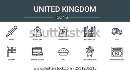 set of 10 outline web united kingdom icons such as sword, police hat, stonehenge, westminster, car, england, double decker vector icons for report, presentation, diagram, web design, mobile app