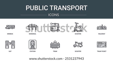 set of 10 outline web public transport icons such as minibus, monorail,  , scooter, walkway, gat, station vector icons for report, presentation, diagram, web design, mobile app