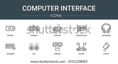 set of 10 outline web computer interface icons such as battery, speaker, joystick, graphic card, headphone, keyboard, fan vector icons for report, presentation, diagram, web design, mobile app