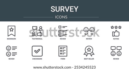 set of 10 outline web survey icons such as bookmark, testimonial, review, review, rating, review, checkmark vector icons for report, presentation, diagram, web design, mobile app