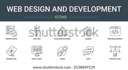 set of 10 outline web web design and development icons such as server check, pen tool, exclamation mark, cinema, web development, eraser tool, page layout vector icons for report, presentation,