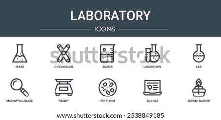 set of 10 outline web laboratory icons such as flask, chromosome, beaker, laboratory, lab, magnifying glass, weight vector icons for report, presentation, diagram, web design, mobile app