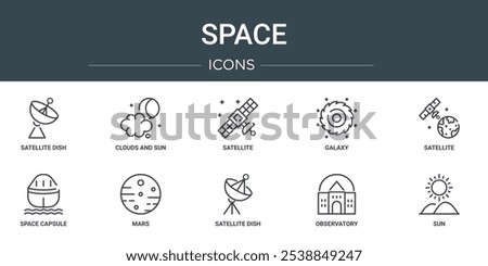 set of 10 outline web space icons such as satellite dish, clouds and sun, satellite, galaxy, satellite, space capsule, mars vector icons for report, presentation, diagram, web design, mobile app