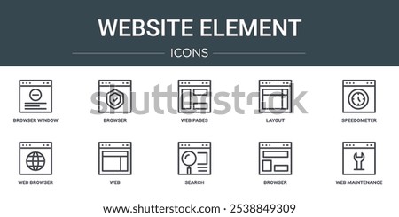 set of 10 outline web website element icons such as browser window, browser, web pages, layout, speedometer, web browser, vector icons for report, presentation, diagram, design, mobile app