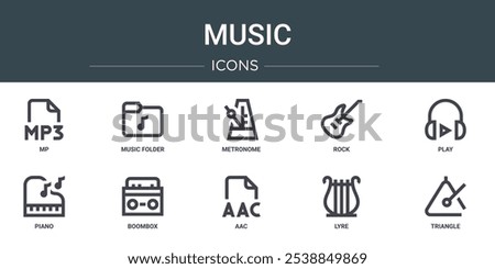 set of 10 outline web music icons such as mp, music folder, metronome, rock, play, piano, boombox vector icons for report, presentation, diagram, web design, mobile app