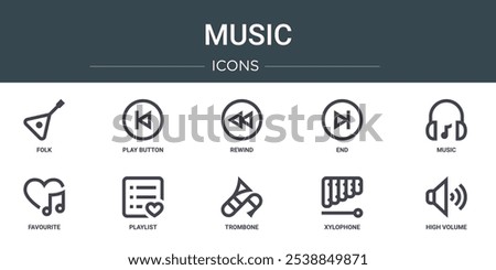 set of 10 outline web music icons such as folk, play button, rewind, end, music, favourite, playlist vector icons for report, presentation, diagram, web design, mobile app