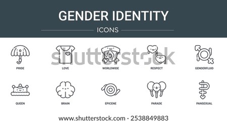 set of 10 outline web gender identity icons such as pride, love, worldwide, respect, genderfluid, queen, brain vector icons for report, presentation, diagram, web design, mobile app