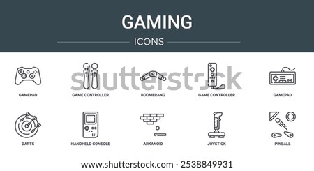 set of 10 outline web gaming icons such as gamepad, game controller, boomerang, game controller, gamepad, darts, handheld console vector icons for report, presentation, diagram, web design, mobile