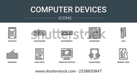 set of 10 outline web computer devices icons such as ssd drive, card reader, ram memory, mainboard, jack, keyboard, hard drive vector icons for report, presentation, diagram, web design, mobile app