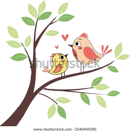 A charming illustration of a cute bird couple perched on a tree branch, nestled close together. The birds showcase soft, vibrant colors, surrounded by delicate leaves, capturing a heartwarming scene o