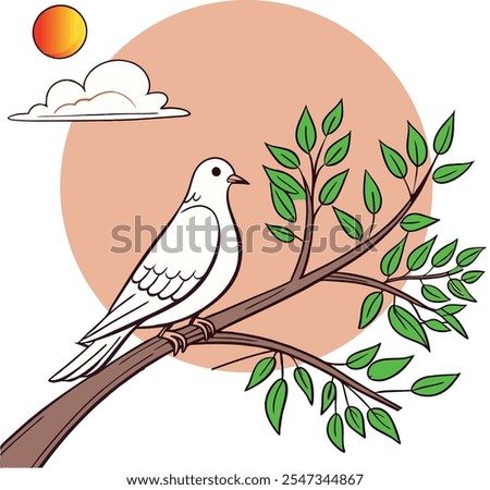 A serene bird perches on a tree branch, silhouetted against a breathtaking sunset. Warm hues of orange, pink, and gold fill the sky, creating a tranquil, nature-inspired scene that evokes peace, beaut