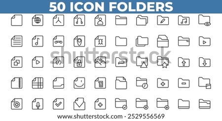 50 Icon Folders Files. Containing Add Folder, Copy Folder, Jpeg File, Insert Document, Danger Document, And More.