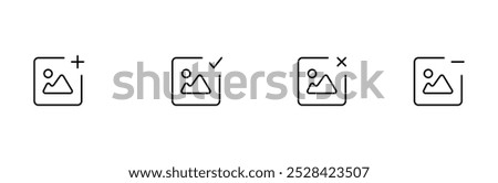 Image icon vector. Add image, Add Photo sign. remove image icon. right photo, photo cross icon. Editable stroke. Vector illustration.