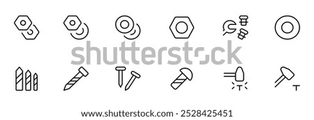 screw, bolt, washer, metalware, nut, diy, hexahedron, metal nail icon and tools editable Stroke line icons and Suitable for Web Page, Mobile App, UI, UX design.