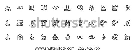 Disability icon, Disability with technology, world disability day, handicapped or disabled people, disabled handicap icons set vector editable stroke outline icon isolated flat vector