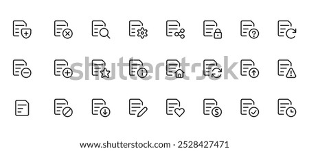 Document icon, File, paper doc icon set. Documents symbol collection. File written paper icons vector illustration. Editable Stroke. and Suitable for Web Page, Mobile App, UI, UX design.