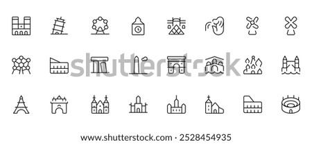 european landmarks icon. Symbol of global tourist and travel destinations for vacations. vector Editable. Line, Solid, Flat Line, thin style and Suitable for Web Page, Mobile App, UI, UX design.