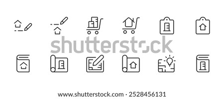 Architecture and Construction Planning Icon Set. A collection of icons representing architecture and construction planning, including blueprints, carts, checklists, and design tools in a minimalist st