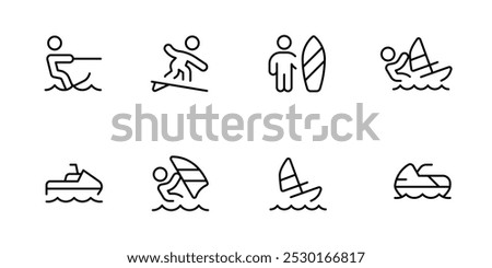 Surfing icon, nautical sports vector set design with Editable Stroke. Line, Solid, Flat Line, thin style and Suitable for Web Page, Mobile App, UI, UX design.