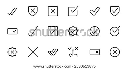 Checkmark and Confirmation Icon Set. A set of simple checkmark icons representing confirmation, verification, and approval in various styles, including single and double ticks, and circled checks.