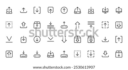 upload icon, swipe up icon button. Scroll arrow up icon sign - uploading file button, send, export icons download icon . web icons collection. Simple vector illustration.