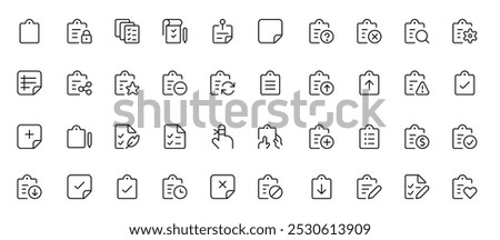 Task Checklist icon on the clipboard, compliance tick check sign on it. Clip board outline vector with paper test document or to do plan with tasks. Checkbox form, survey checklist for web, UI UX