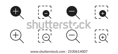 Zoom In and Out icon, Magnifying Glass Icon Set. A collection of zoom in and out icons featuring magnifying glasses with plus and minus symbols, in both solid and outline styles.