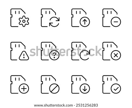 Memory Card Icon and Data Management Icon Set. A collection of icons representing memory card and data management actions, including upload, download, settings, alerts, and status indicators