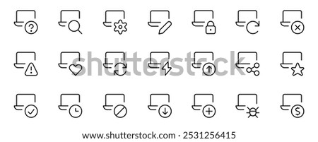 Computer function icon. representing various webpage and browser actions, including search, settings, edit, lock, refresh, favorite, and alerts, in a minimalist outline 