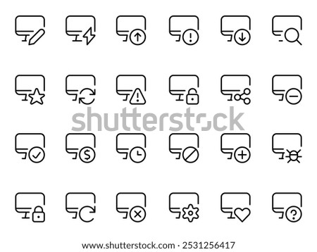 Computer function icon. representing various webpage and browser actions, including search, settings, edit, lock, refresh, favorite, and alerts, in a minimalist outline 