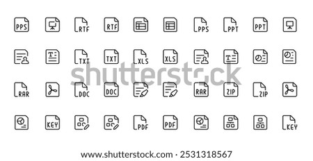 Document and File Icon Set. A set of icons representing various document and file types, including text, presentation, spreadsheet, archive, and format-specific files, in a minimalist outline