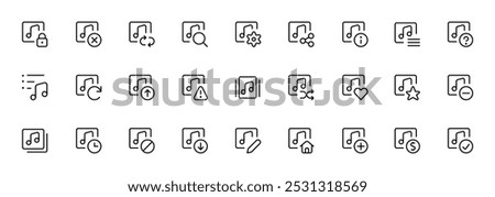 Music and Audio File Management Icon Set. A set of icons for music and audio file management, including actions like play, pause, upload, download, settings, favorites, and edit, in a minimalist outli