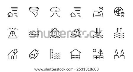 Natural Disaster icon, lightning, seismograph, first aid, snowslide, sun, low temperature, storm, fire. Suitable for website design, logo, app, template, and ui ux.