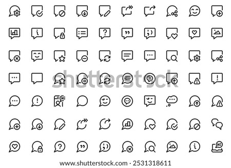 Message icon. Chat and quote icon, Sms, speech bubble, Tick or check mark, Comment quote icons. Checkmark box and line icons. Think, approved talk, speech bubble. Vector illustration